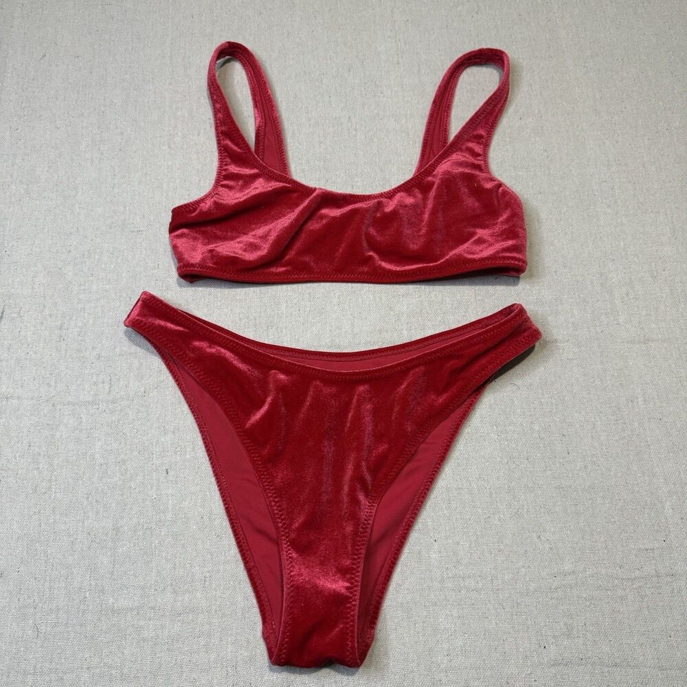 Kylie + Kendall Red Velvet 2 Piece Bathing Suit Size XS / S Scooped Neck Hi-rise